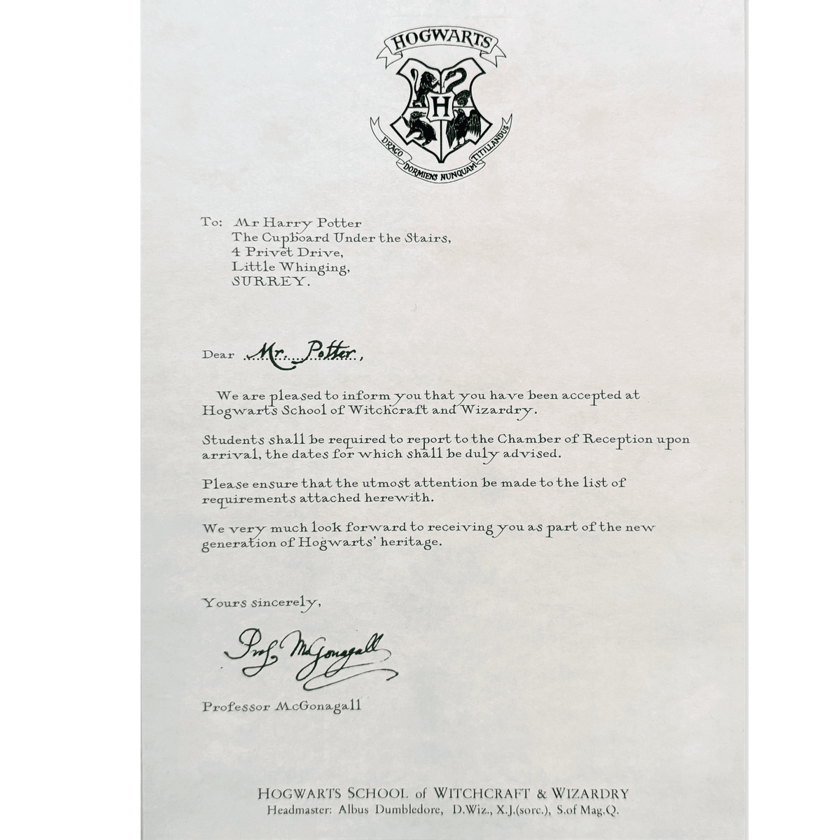 acceptance letter to Hogwarts for Harry Potter
