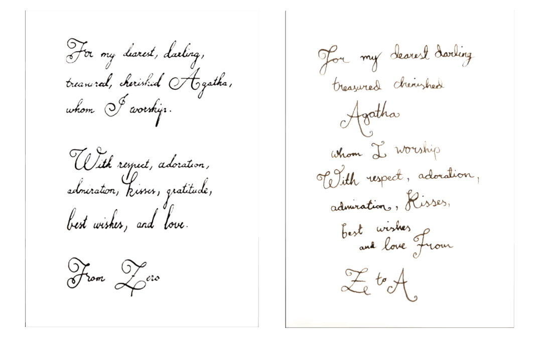 Comparison of handwriting on the left done by art department, on the right a more tweaked and better fitted version for the character Zero